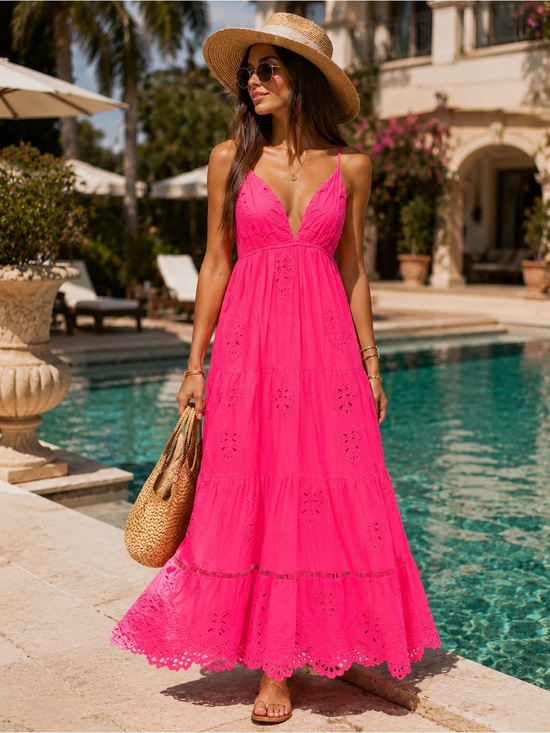 FARM Rio Dresses & Skirts - FARM Rio Hot Pink Eyelet Tiered Maxi Dress